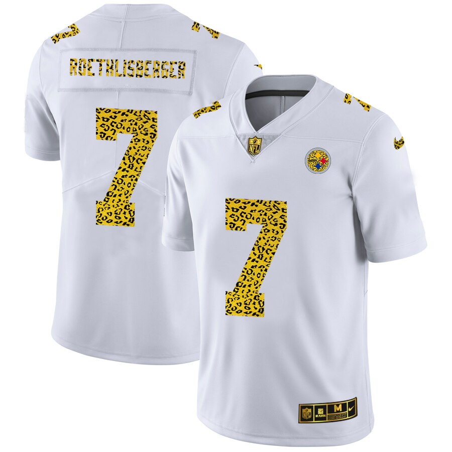 Custom Pittsburgh Steelers 7 Ben Roethlisberger Men Nike Flocked Leopard Print Vapor Limited NFL Jersey White